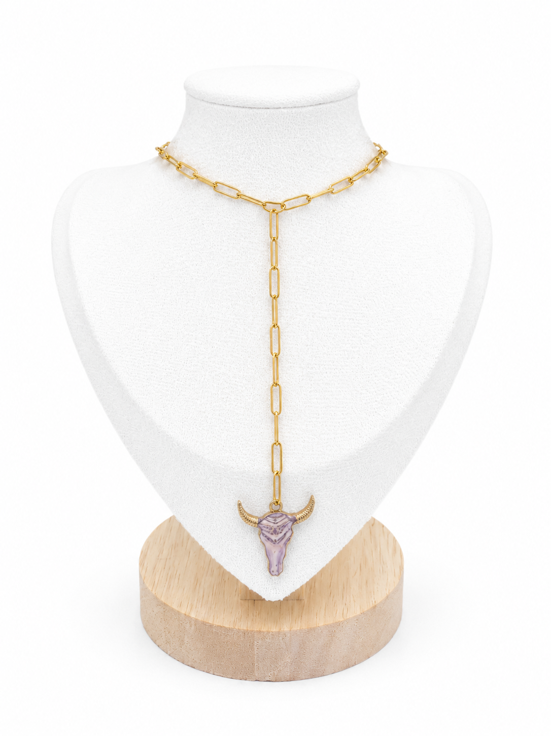Collier en Y Western – Pendentif Tête de Taureau en Acier Inoxydable Doré - CHEYENNE