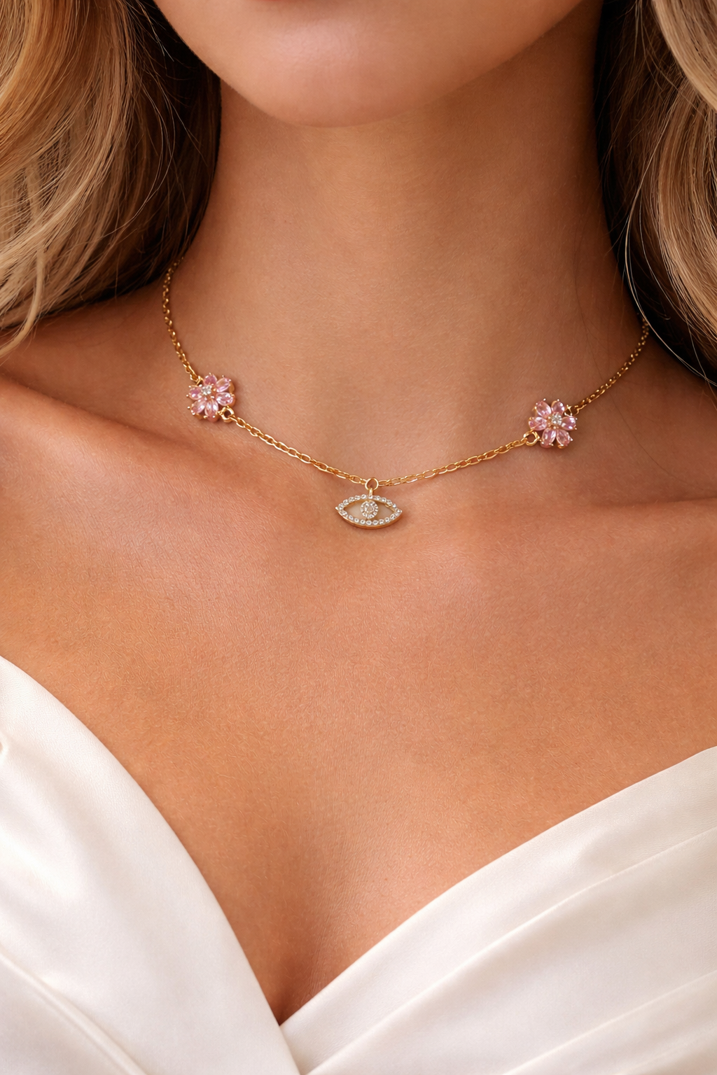Collier Zia Œil Doré & Fleurs Cristal