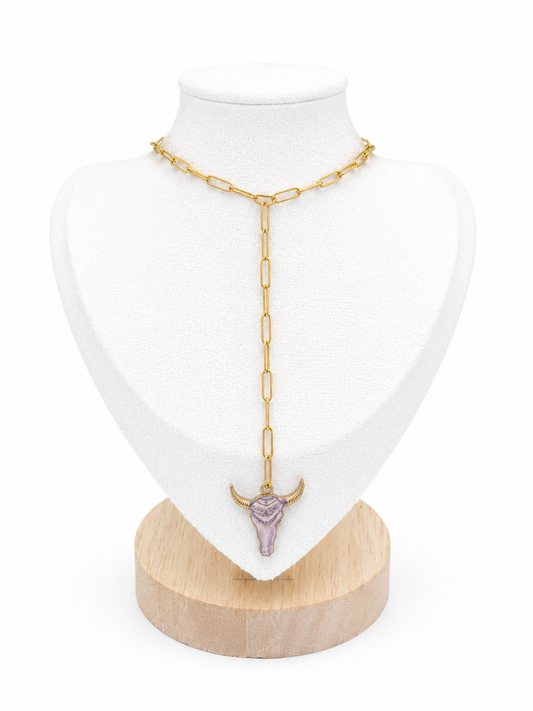 Collier en Y Western – Pendentif Tête de Taureau en Acier Inoxydable Doré - CHEYENNE
