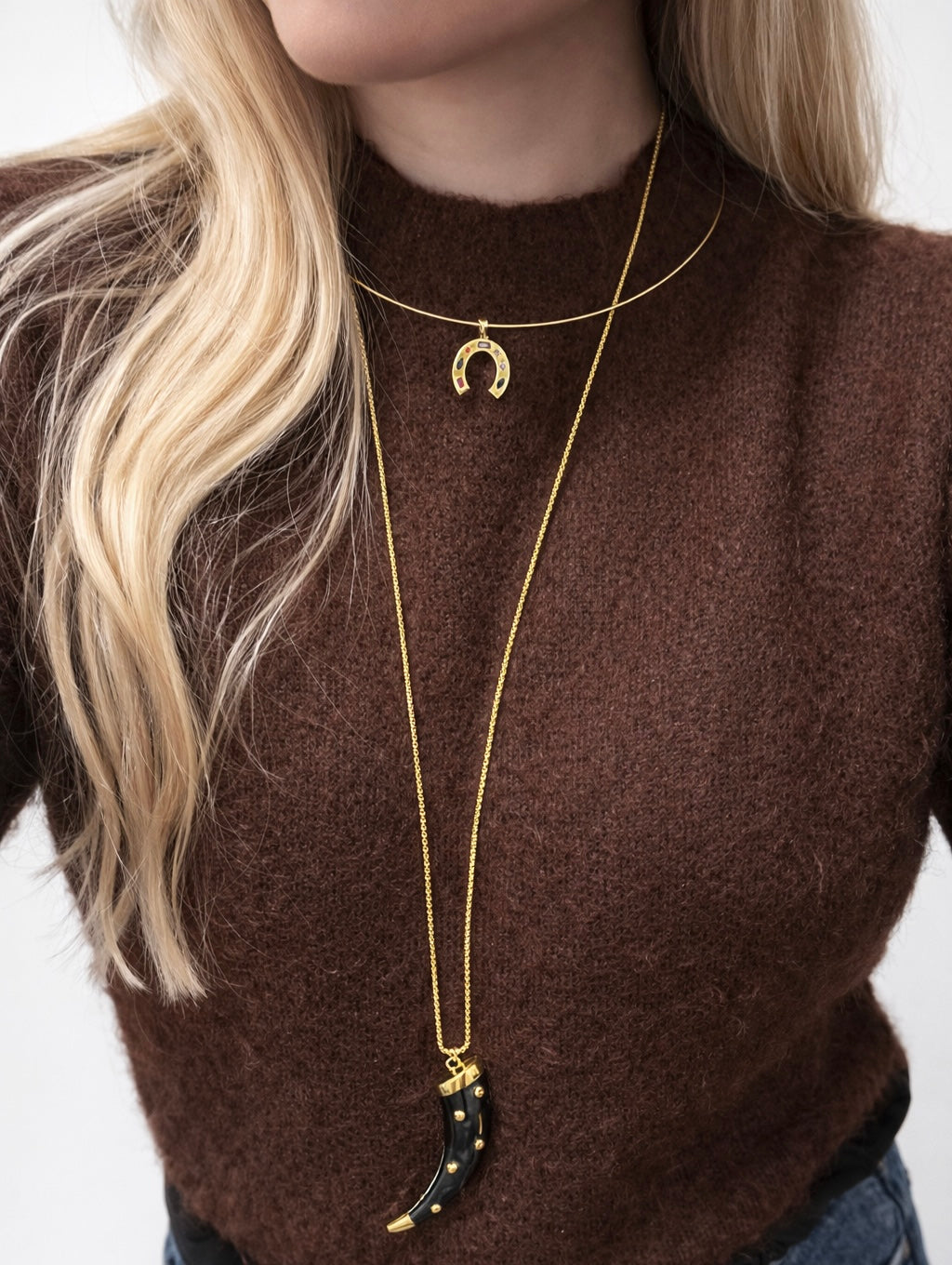 Collier sautoir corne – Noir ou Blanc& doré