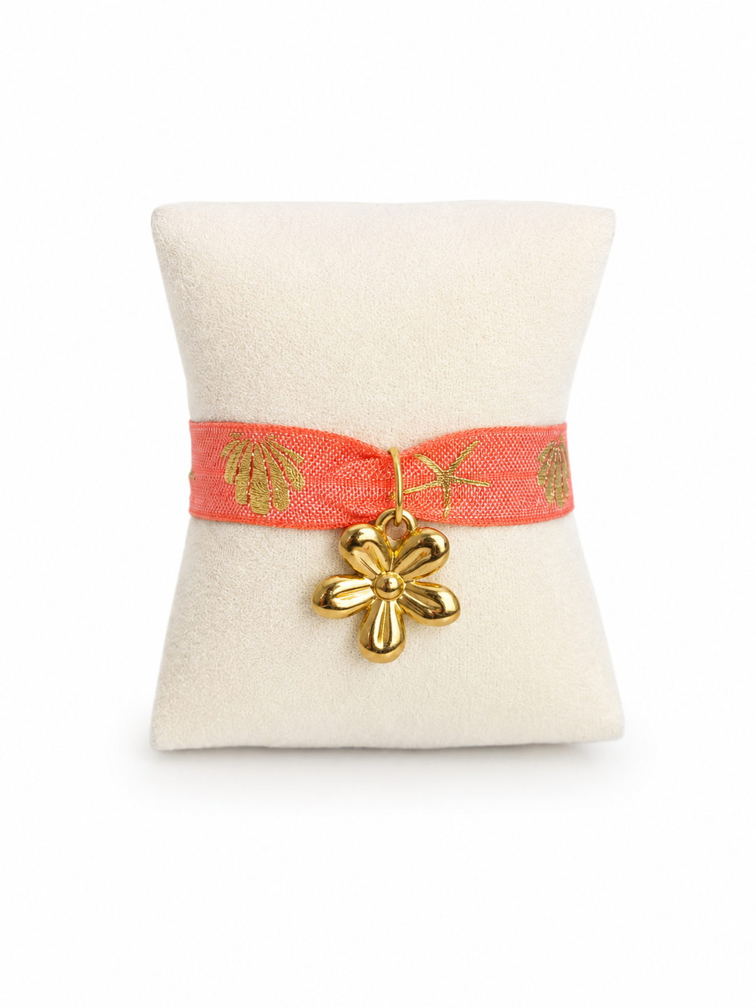 Bracelet fleur corail et doré – Ruban noeud & pendentif fleur en acier inoxydable