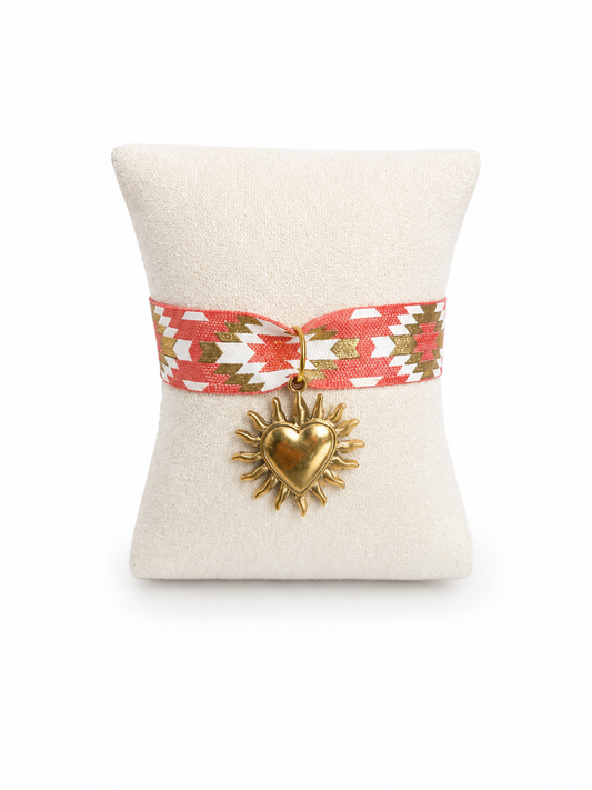 Bracelet coeur corail et doré – Ruban noeud & pendentif cœur en acier inoxydable