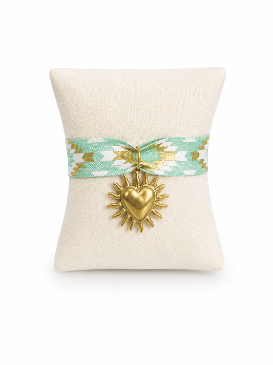 Bracelet coeur vert et doré – Ruban noeud & pendentif cœur en acier inoxydable