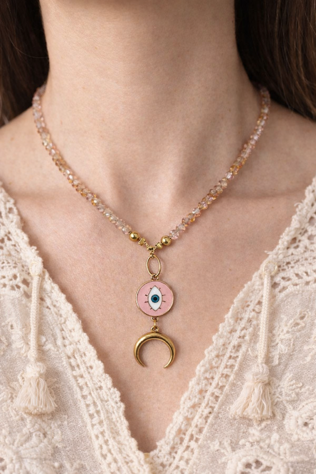 Collier œil & croissant de Lune – rose poudré