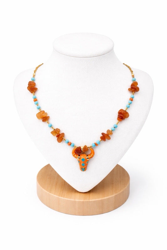 Collier RIO pendentif tête de Taureau - Pierres oranges